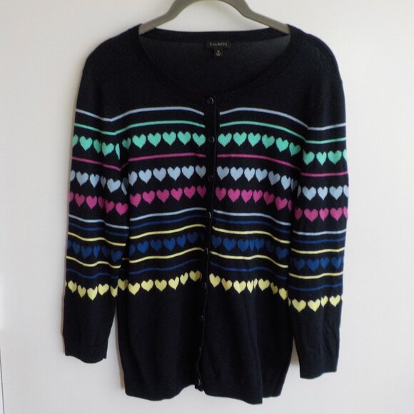 Talbots Cardigan Sweater - Hearts - Black - Medium - 3/4 sleeve  (470) - Picture 1 of 6